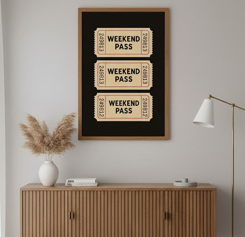 Talón de Boleto "Weekend Pass" Retro. Cartel Estético de Moda. Impresión Digital de Arte de Pared. Decoración de Dormitorio Universitario Funky.