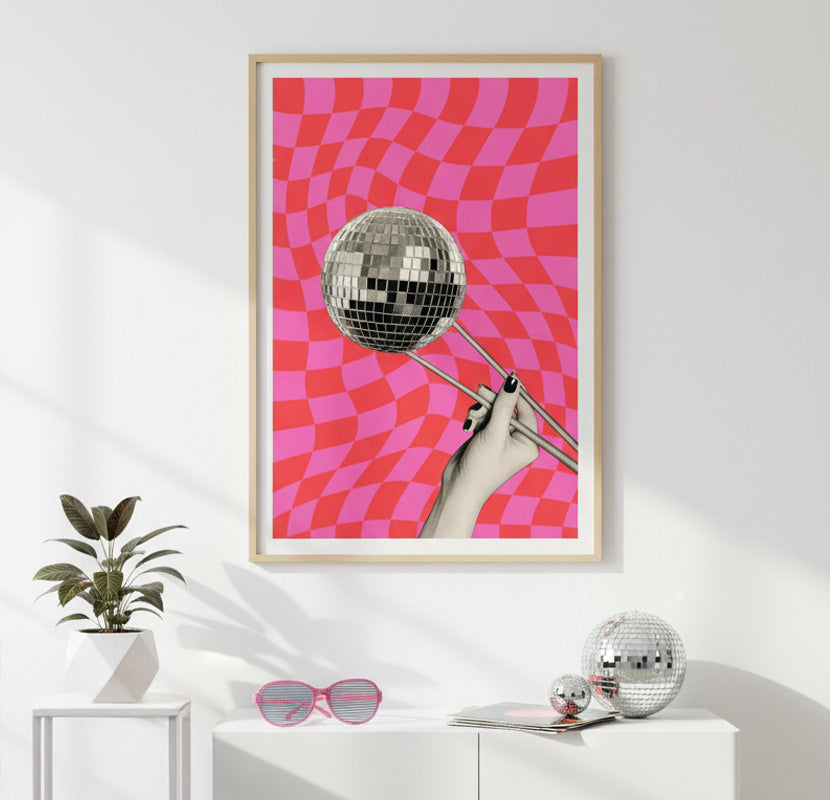 Collage de bola de discoteca de moda. Cartel de palillo de bola de discoteca. Arte de pared funky rosa. Decora