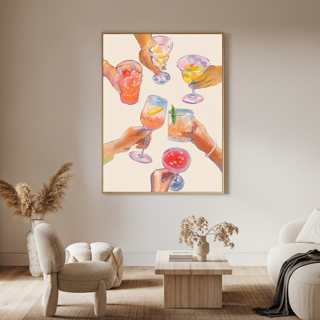 "Brindis de Cócteles": Ilustración en Acuarela de Manos. Impresión de Arte de Pared Vibrante y Social. Póster Estético para Bar o Cocina.