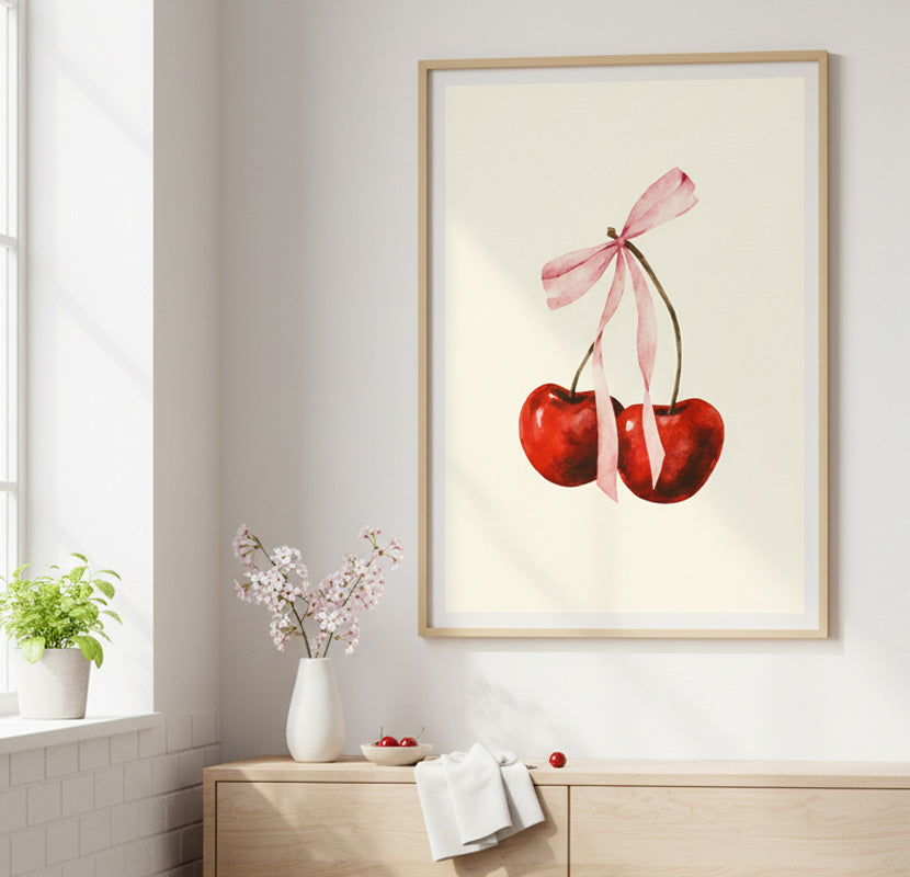 Cerezas en Acuarela con Lazo Rosa. Impresión de Arte de Pared Coquette y Vintage. Póster Estético Frutal. Decoración Delicada