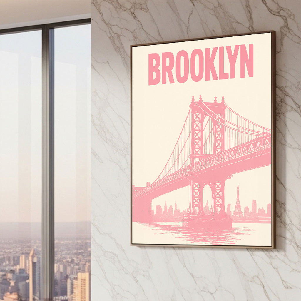 "Brooklyn Pink": Póster del Puente de Manhattan y Skyline. Impresión de Arte de Pared Pop Art. Decoración Estética de Nueva York.