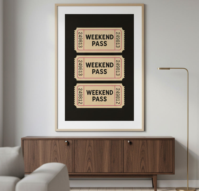 Talón de Boleto "Weekend Pass" Retro. Cartel Estético de Moda. Impresión Digital de Arte de Pared. Decoración de Dormitorio Universitario Funky.