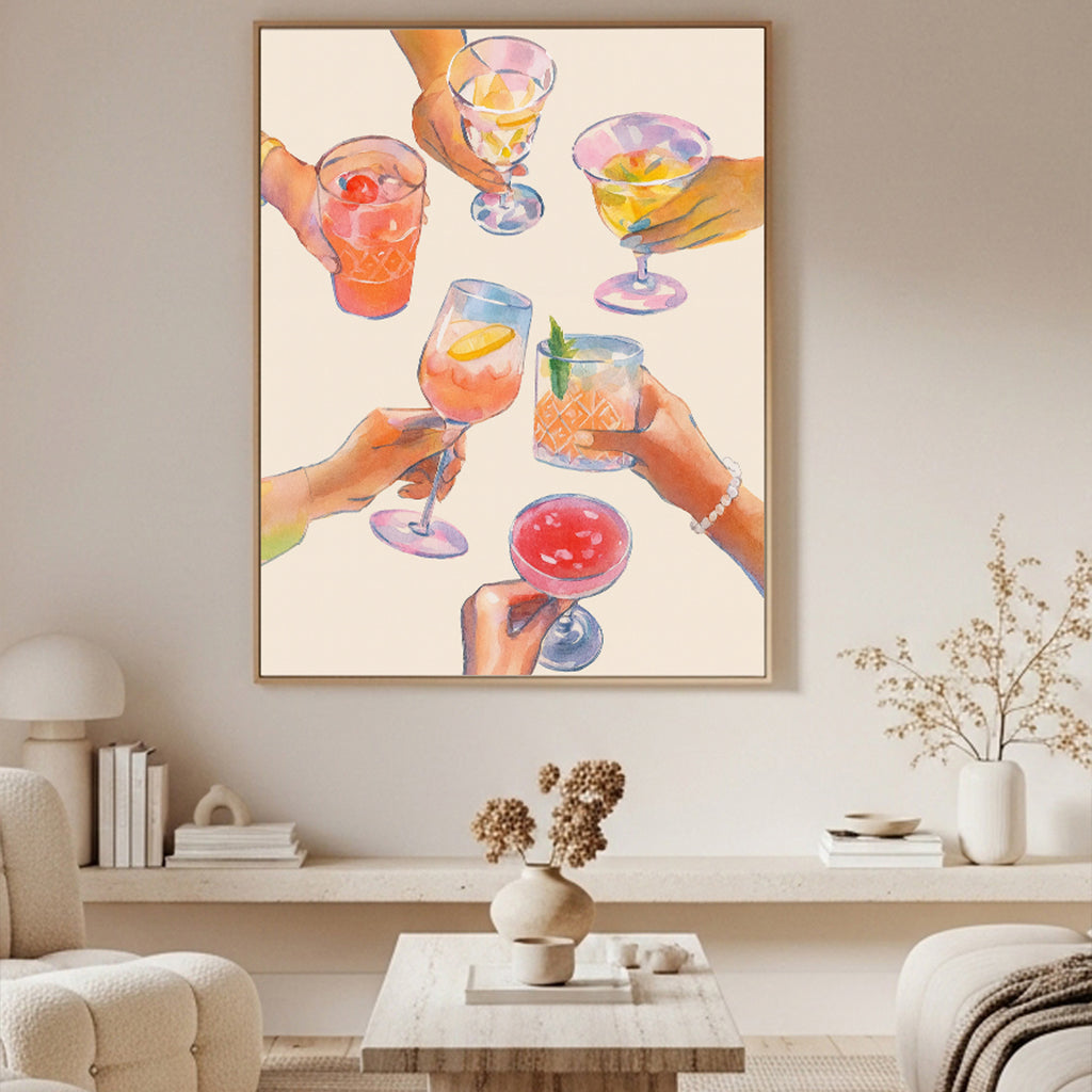 "Brindis de Cócteles": Ilustración en Acuarela de Manos. Impresión de Arte de Pared Vibrante y Social. Póster Estético para Bar o Cocina.