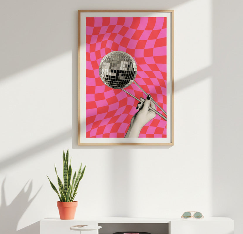 Collage de bola de discoteca de moda. Cartel de palillo de bola de discoteca. Arte de pared funky rosa. Decora