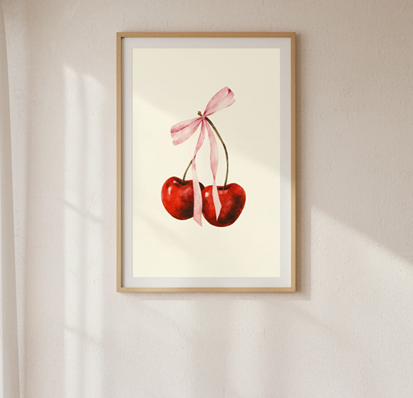 Cerezas en Acuarela con Lazo Rosa. Impresión de Arte de Pared Coquette y Vintage. Póster Estético Frutal. Decoración Delicada
