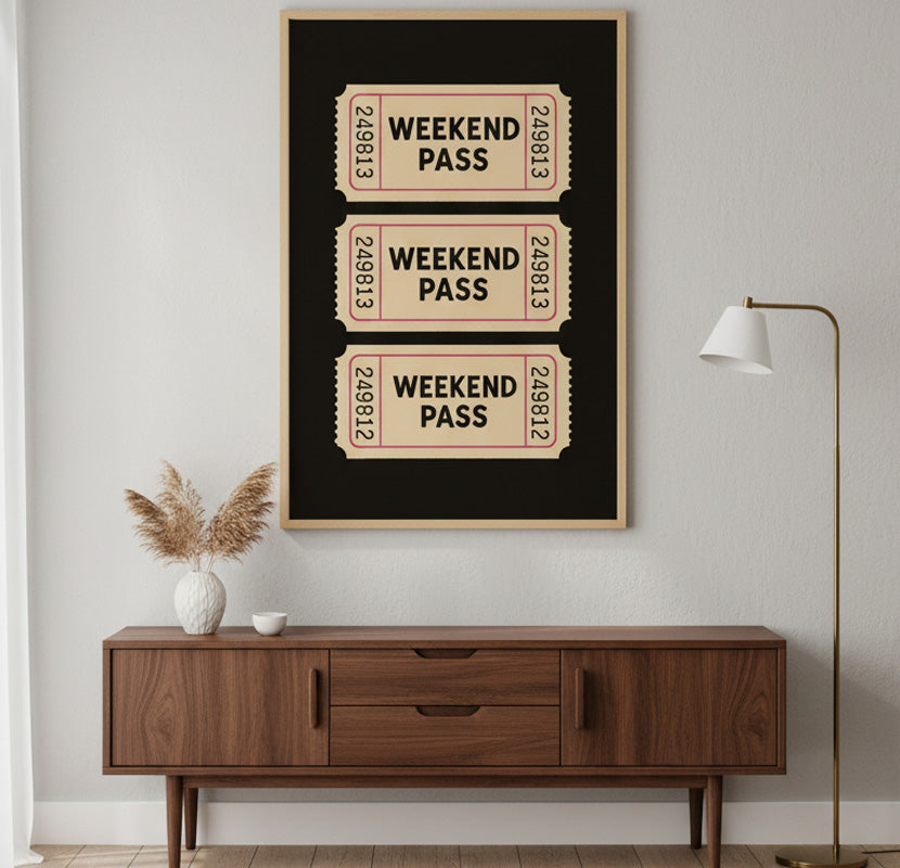 Talón de Boleto "Weekend Pass" Retro. Cartel Estético de Moda. Impresión Digital de Arte de Pared. Decoración de Dormitorio Universitario Funky.