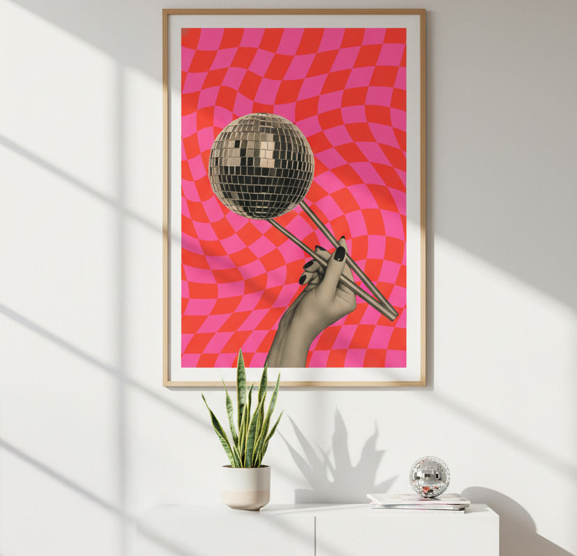 Collage de bola de discoteca de moda. Cartel de palillo de bola de discoteca. Arte de pared funky rosa. Decora