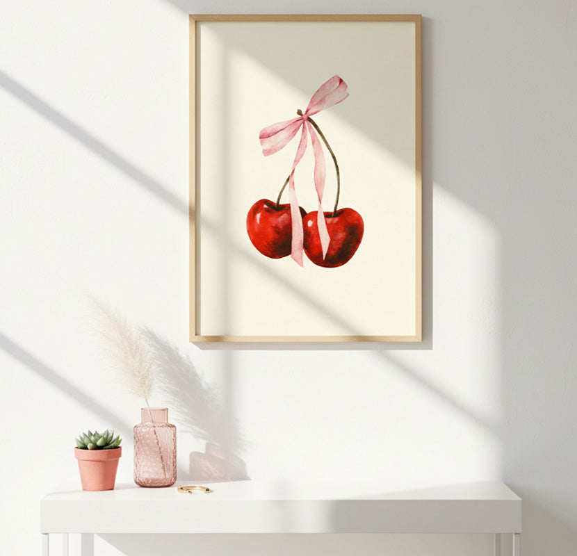 Cerezas en Acuarela con Lazo Rosa. Impresión de Arte de Pared Coquette y Vintage. Póster Estético Frutal. Decoración Delicada
