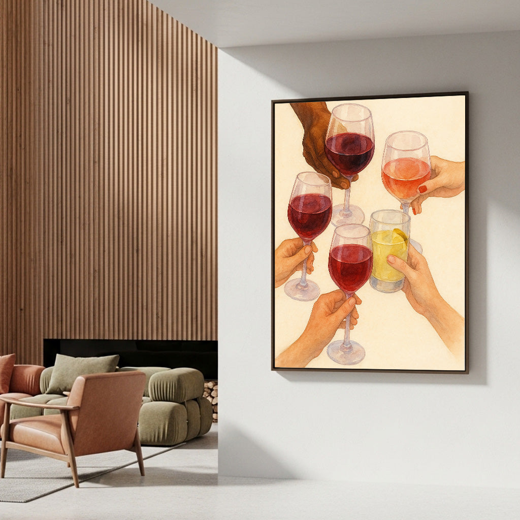 "Brindis de Cócteles": Ilustración en Acuarela de Manos. Impresión de Arte de Pared Vibrante y Social. Póster Estético para Bar o Cocina.