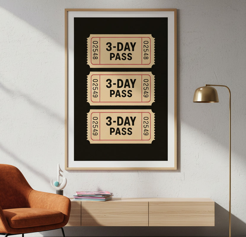 Talón de Boleto "Weekend Pass" Retro. Cartel Estético de Moda. Impresión Digital de Arte de Pared. Decoración de Dormitorio Universitario Funky.