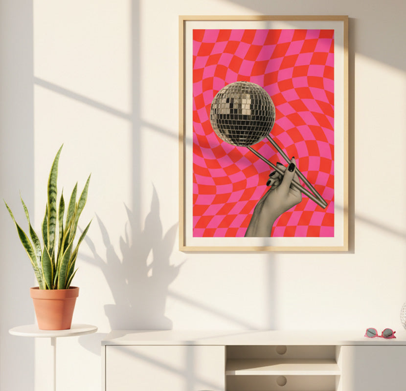 Collage de bola de discoteca de moda. Cartel de palillo de bola de discoteca. Arte de pared funky rosa. Decora