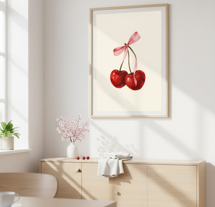 Cerezas en Acuarela con Lazo Rosa. Impresión de Arte de Pared Coquette y Vintage. Póster Estético Frutal. Decoración Delicada