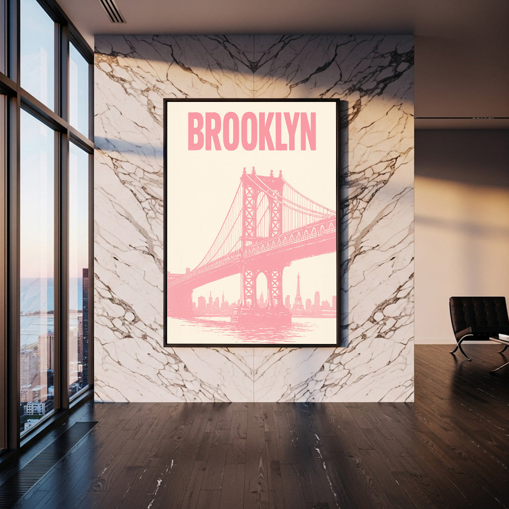 "Brooklyn Pink": Póster del Puente de Manhattan y Skyline. Impresión de Arte de Pared Pop Art. Decoración Estética de Nueva York.