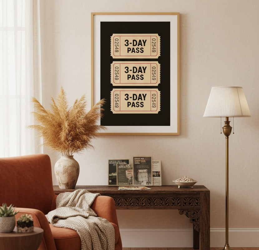 Talón de Boleto "Weekend Pass" Retro. Cartel Estético de Moda. Impresión Digital de Arte de Pared. Decoración de Dormitorio Universitario Funky.
