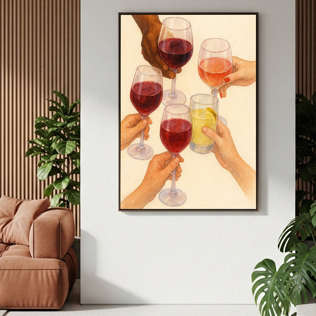 "Brindis de Cócteles": Ilustración en Acuarela de Manos. Impresión de Arte de Pared Vibrante y Social. Póster Estético para Bar o Cocina.