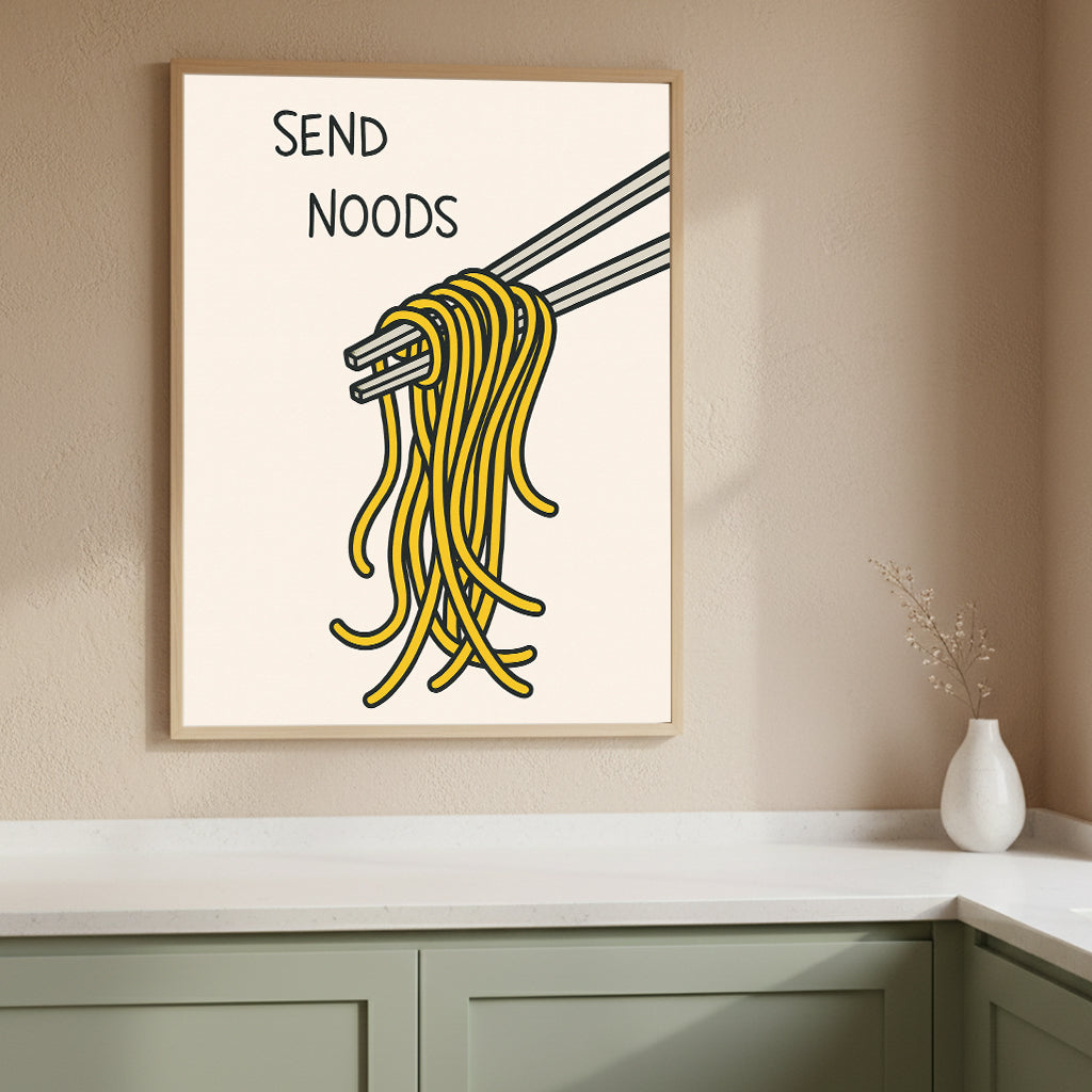 "Send Noods" - Póster Cómico de Fideos | Arte de Pared Divertido y Minimalista para Cocina | Lámina Foodie